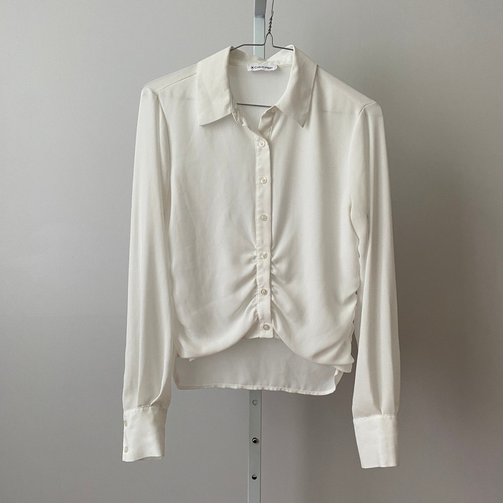 Calvin Klein Medium White Button Down Ruched Front Long Sleeve Blouse Top Office
